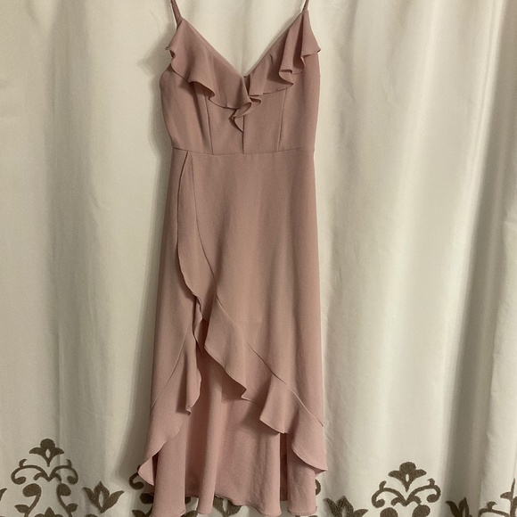 Simple yet elegant blush pink ruffle front slit midi dress - Picture 1 of 12